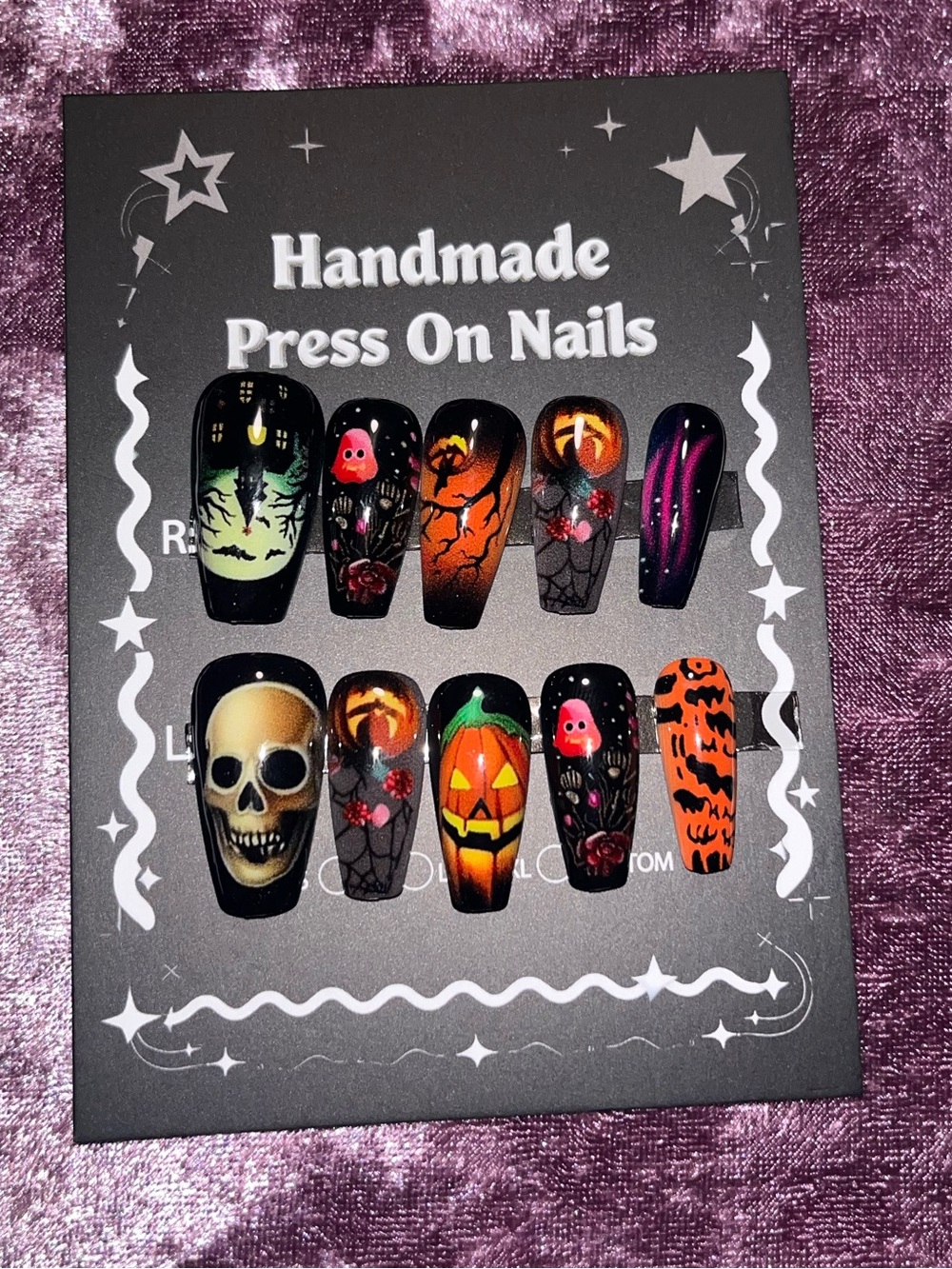 Handmade Purple Press On Nails - Halloween Skull & Pumpkin Designs